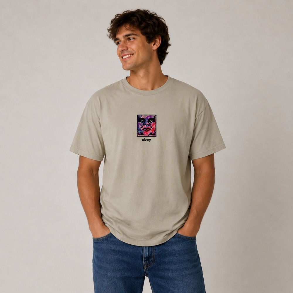 Obey Worldwide Mens Medium Tan Graphic T-Shirt Logo Streetwear Tee